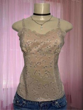 Y2K vintage silk American Eagle tan floral babydoll lace cami top🌸